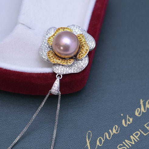 11-12mm Freshwater Pearl & Large Rose CZ Pendant Necklace - House Of Pearls